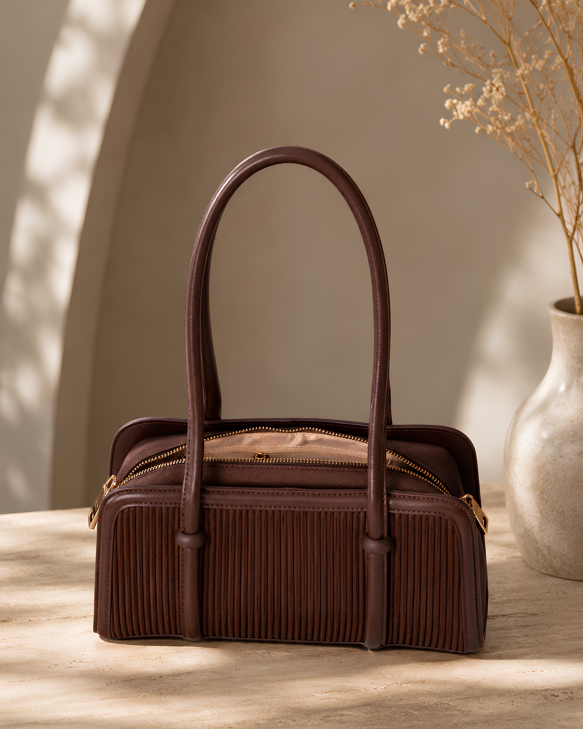 Lunara Vertical Pleated Structured Tote Bag