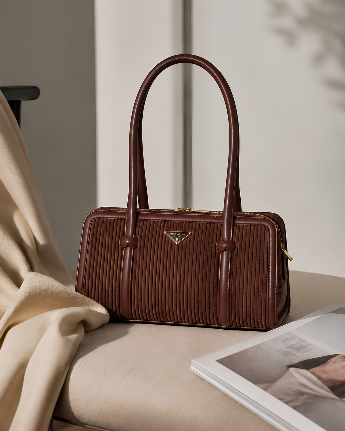 Lunara Vertical Pleated Structured Tote Bag