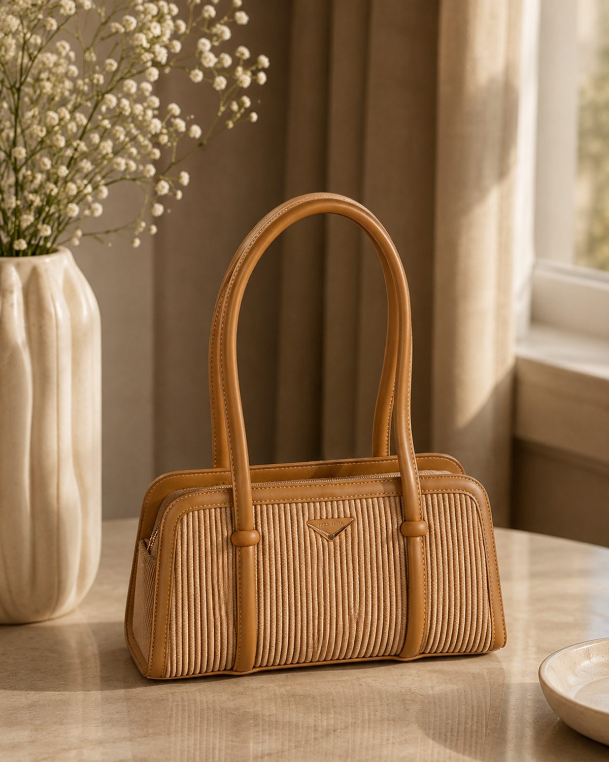 Lunara Vertical Pleated Structured Tote Bag