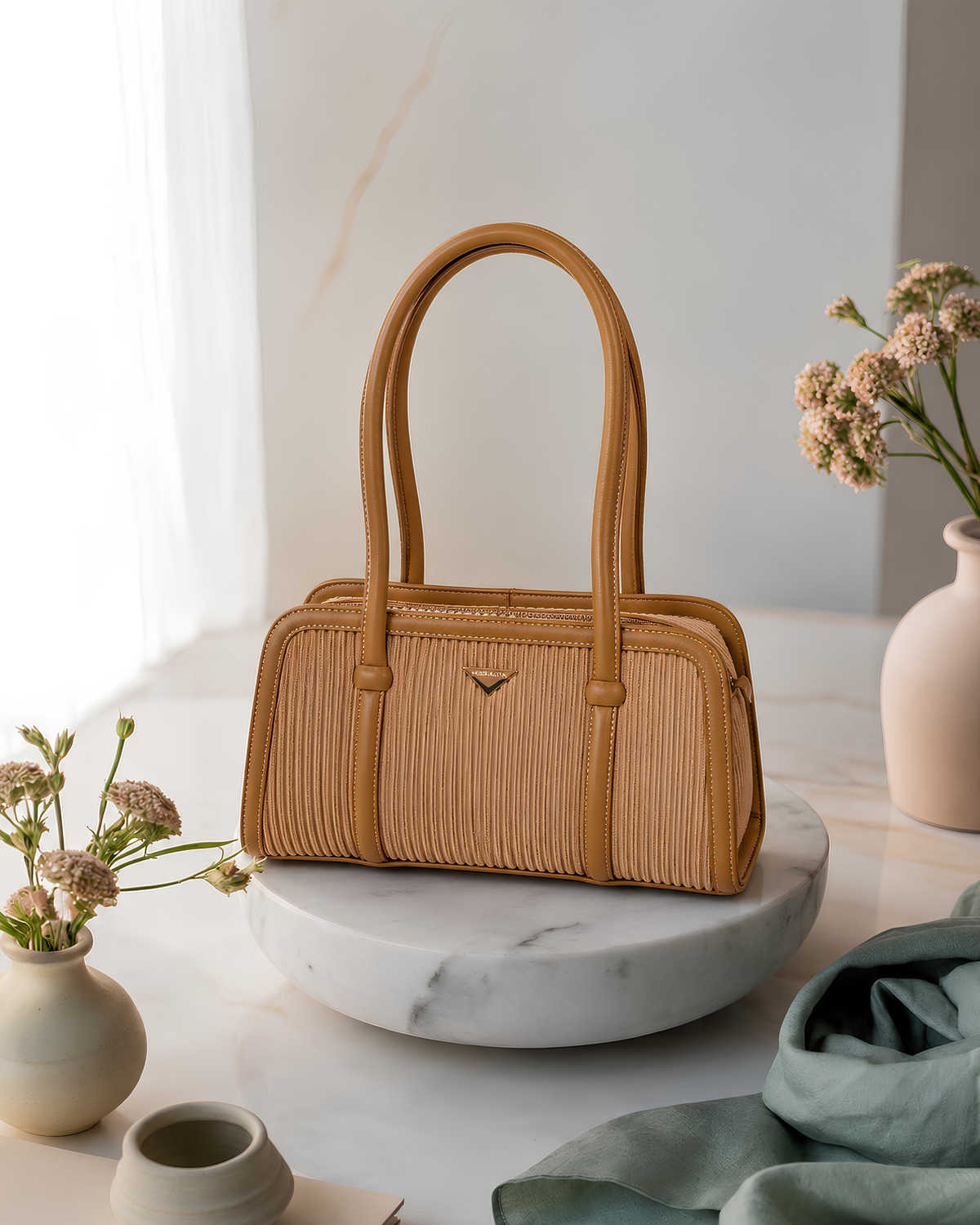 Lunara Vertical Pleated Structured Tote Bag