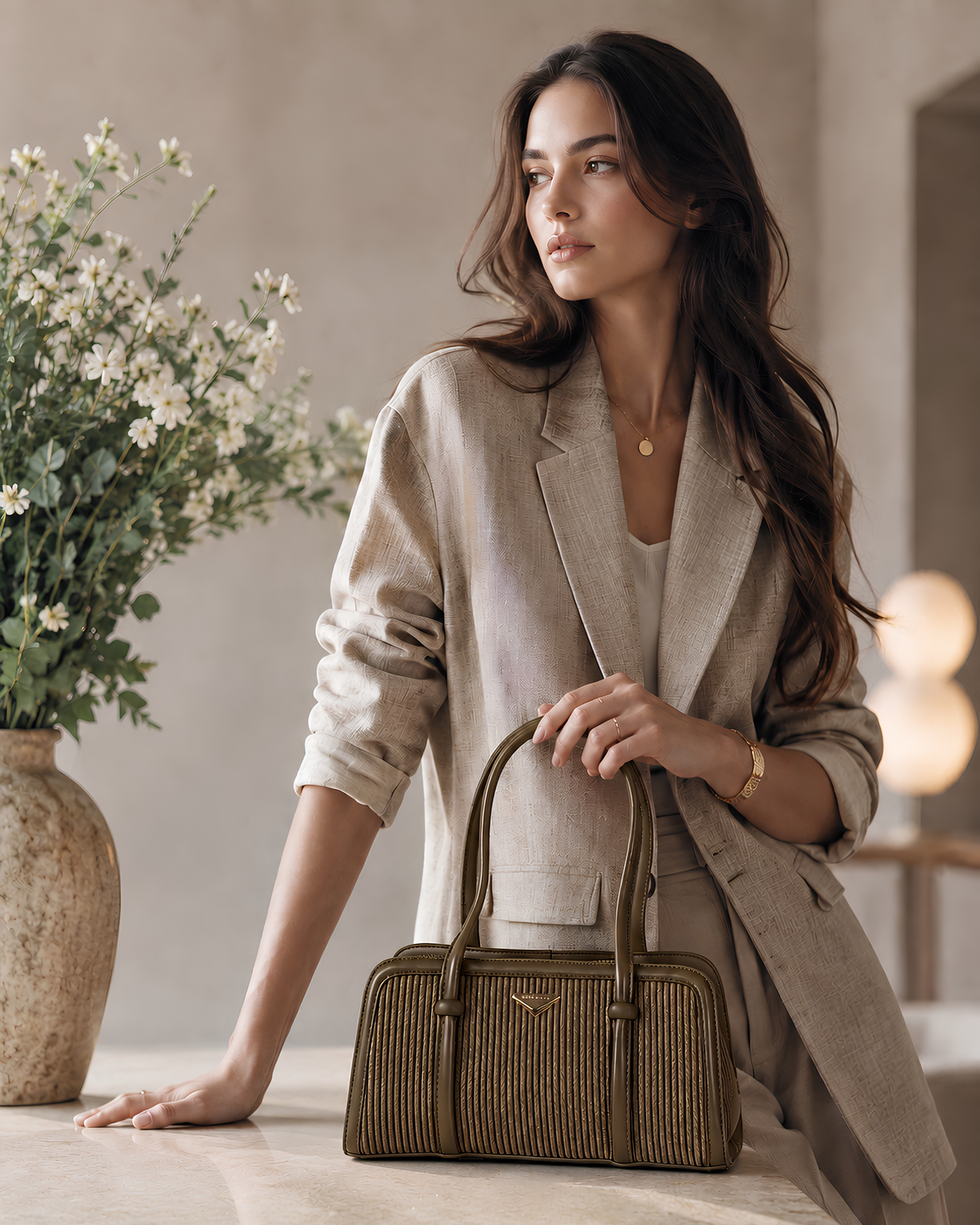 Lunara Vertical Pleated Structured Tote Bag