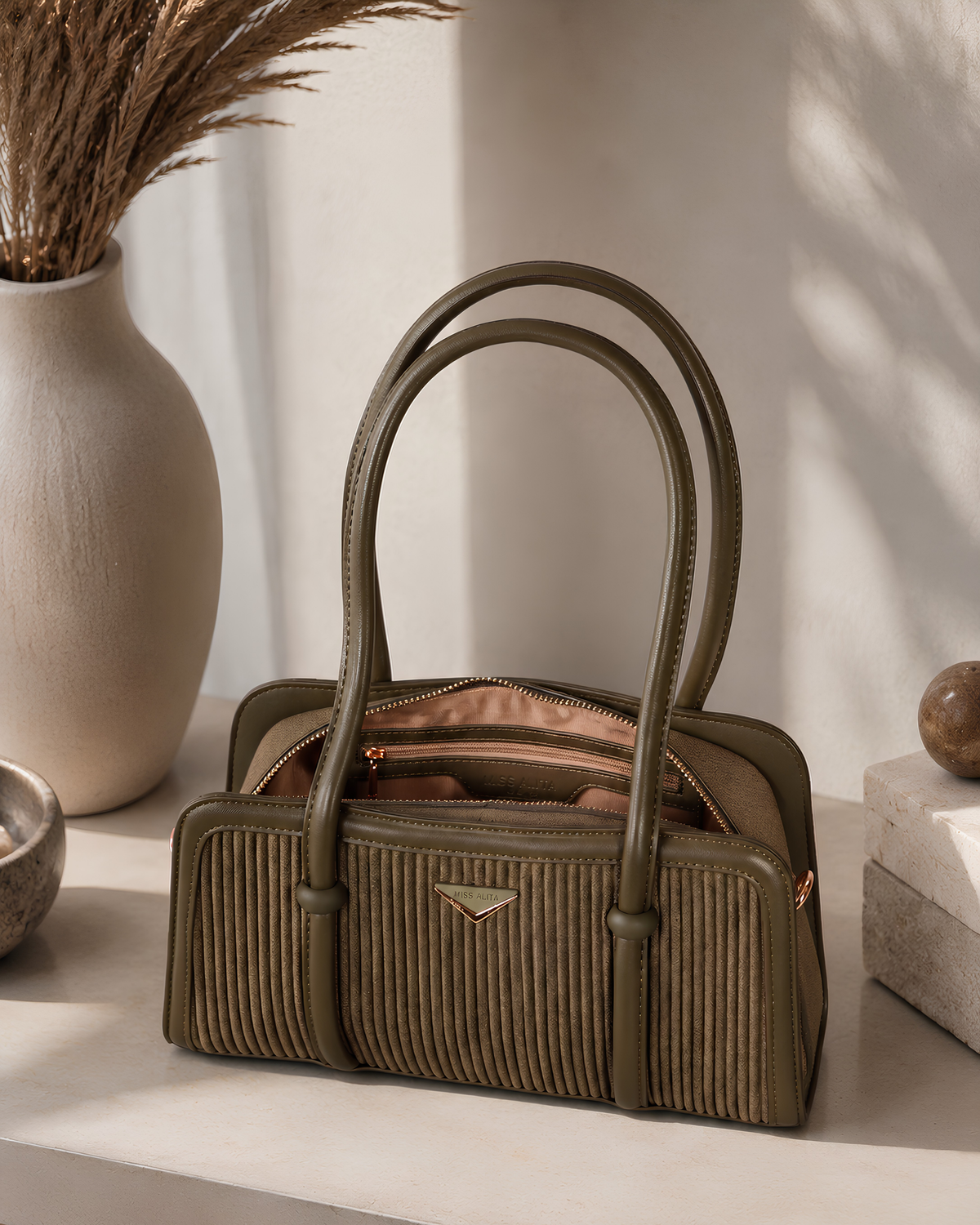 Lunara Vertical Pleated Structured Tote Bag