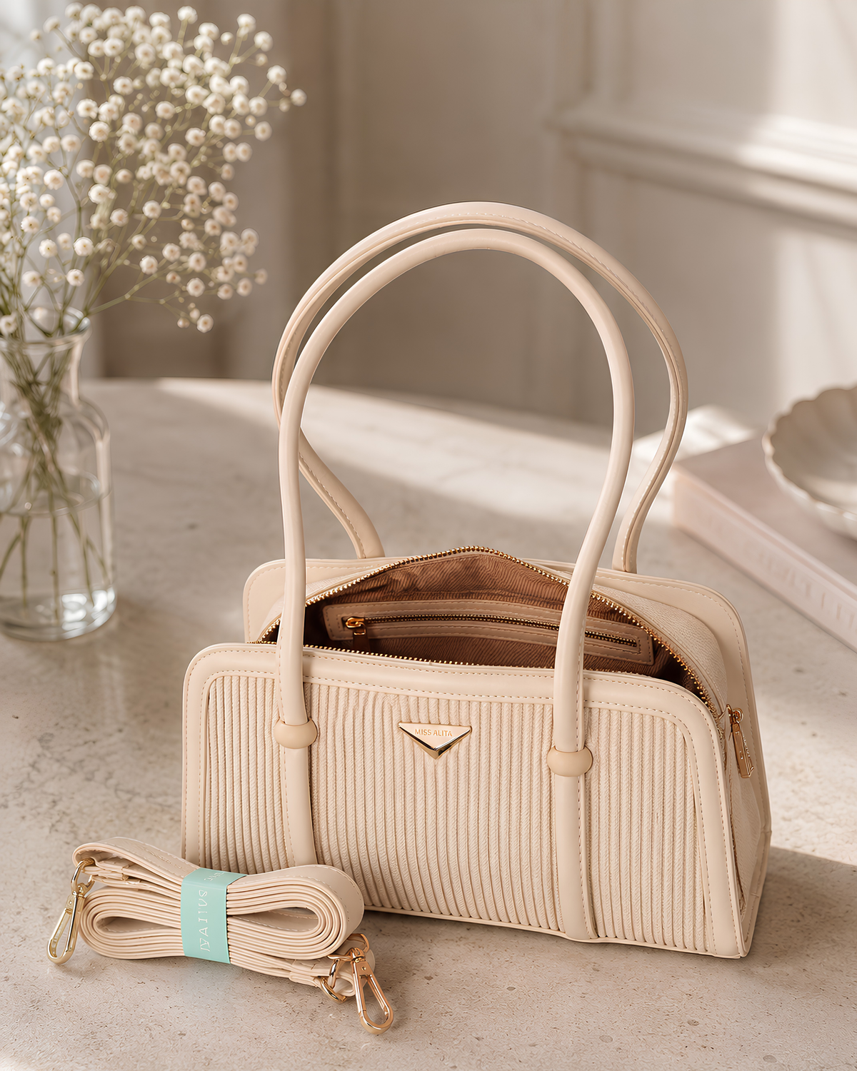Lunara Vertical Pleated Structured Tote Bag