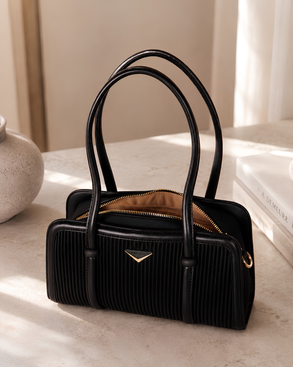 Lunara Vertical Pleated Structured Tote Bag